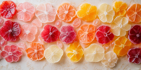 Multiple fruit slice candies arranged to resemble flower petals on surface