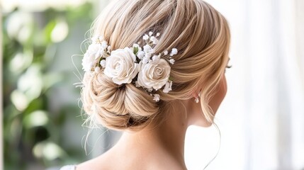 With fresh cotton flowers, the wedding hairstyle is created by the hair stylist or florist