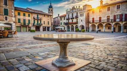 Stylish stone table set up against a stunning historical town square background