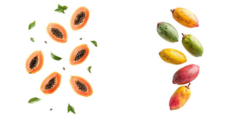  falling ripe papayas on white background, full depth of field,transparent background