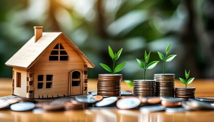 Wall Mural - Wooden house model surrounded by coins, symbolizing planning for property investment and sustainable construction financing