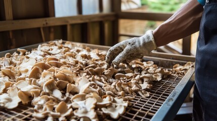 Canvas Print - Harvesting Fresh Mushrooms in a Wooden Shed