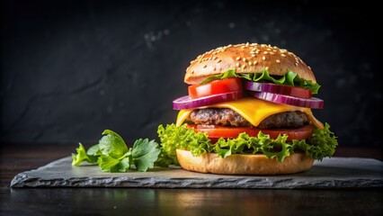 Burger with cheese, tomatoes, red onions, cucumber, and lettuce on black slate over dark background. Unhealthy food