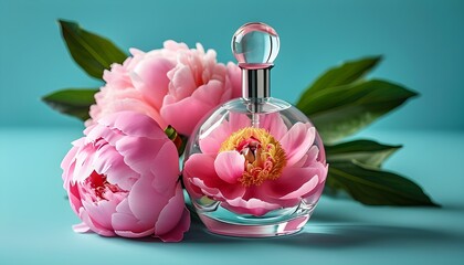 Wall Mural - Elegant perfume bottle adorned with pink peony flowers against a vibrant turquoise backdrop