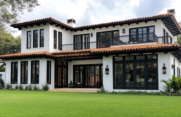 A photo of the front view of an all-white Spanish-style home with black accents, large windows and doors on each floor. Created with Ai