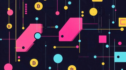 Abstract digital background featuring colorful shapes, cryptocurrency symbols, and modern design elements, ideal for technology themes.