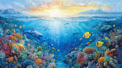 Stunning underwater coral reef panorama with colorful fish and marine life in the deep blue ocean