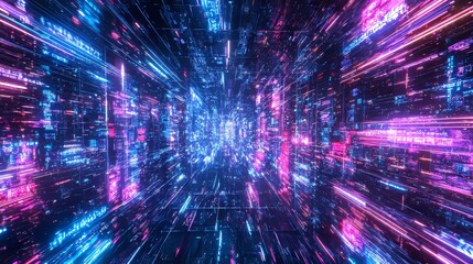 Poster - 3D illustration of high-speed internet connections symbolizing fiber optic cable bundles illuminated in neon light as bright signals transmit data rapidly.