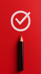 Poster - A black pencil rests against vibrant red background featuring white checkmark symbol, symbolizing completion and success. This image conveys sense of achievement and clarity