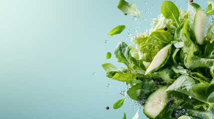 Fresh green salad vegetables and cucumber slices falling in water with bubbles on turquoise background