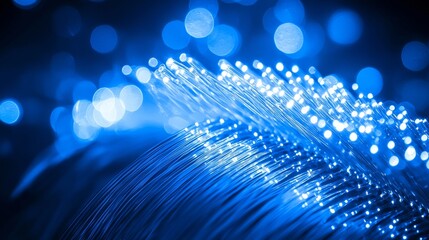 Poster - This 3D rendering shows blue-glowing interconnected fiber optic cables on an abstract background created by a computer.