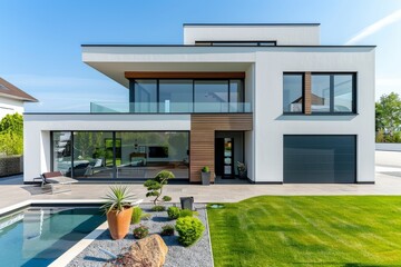 Wall Mural - Modern house with white walls, garage, and green lawn, featuring a swimming pool on the left side, simple architecture, and blue sky, in a minimalist design with clean lines.