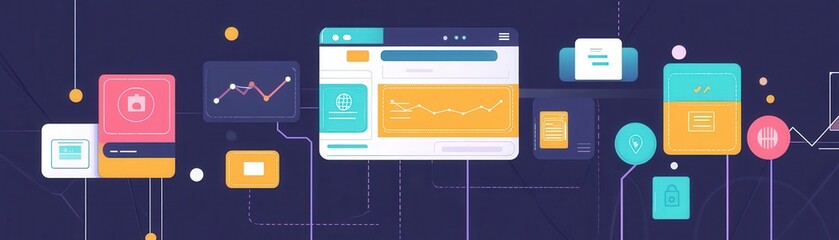 Colorful digital interface showing analytical data, charts, and graphs in a modern, abstract style.