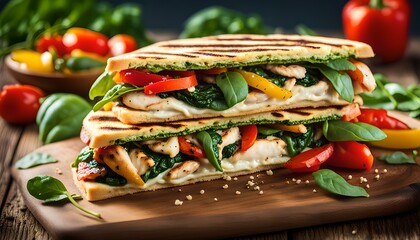 Wall Mural - Healthy Grilled Chicken Pesto Flatbread Sandwich with Peppers and Spinach
