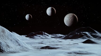 Canvas Print - Three Moons Over a Lunar Landscape