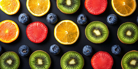 Fruit slice confections used to create a repeating pattern on dark background