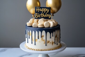 Elegant birthday cake with chocolate drip, macarons, and gold balloons. Perfect for celebrations and special occasions.