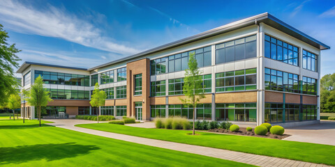 Wall Mural - School building exterior with modern architecture and green landscaping, school, building, exterior, modern