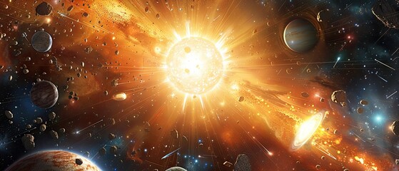 Wall Mural - A bright sun is surrounded by a cloud of debris, including a large asteroid