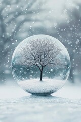 Wall Mural - A single tree in a large, pristine snow globe, with tiny snowflakes gently falling, creating a peaceful winter scene within a minimalist environment. 