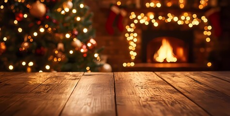 Wall Mural - Empty wooden table top with a blurred Christmas tree and fireplace in the background