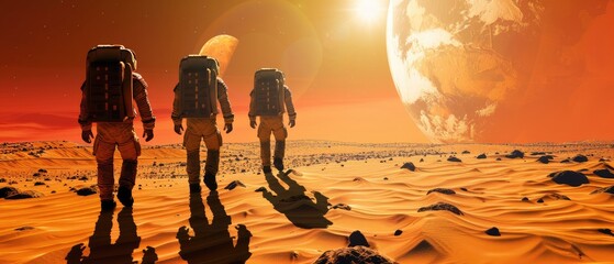 Three astronauts are walking on a desert planet