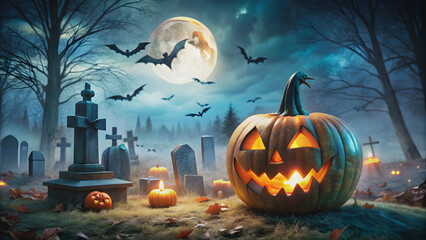 Halloween pumpkin in a spooky graveyard with tombstones and bats, spooky, graveyard, Halloween, pumpkin, bat, tombstone