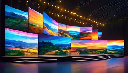 Dynamic modern stage design featuring vibrant landscapes on large screens and captivating lighting effects