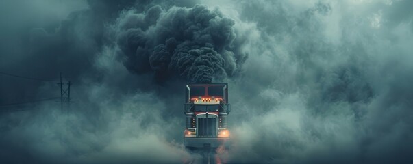 Wall Mural - Truck emitting dense smoke, representing environmental pollution and emissions. Free copy space for text.