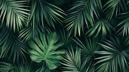 Lush tropical foliage creates a dense, verdant backdrop of palm fronds and monstera leaves, evoking a sense of exotic jungle ambiance and natural serenity.