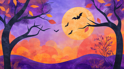 Full Moon Halloween Illustration with Black Silhouettes of Bats and Trees on an Autumn Night, Orange and Purple Cartoon Landscape for October Holiday Design.