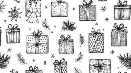 Wall Mural - Christmas coloring page, gift wrap pattern, printable, plain background.