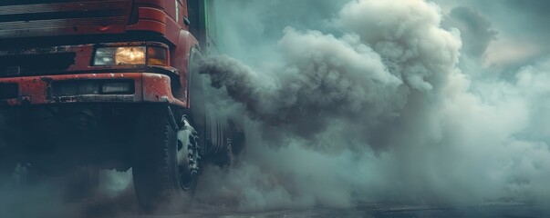 Wall Mural - Truck emitting dense smoke, representing environmental pollution and emissions. Free copy space for text.