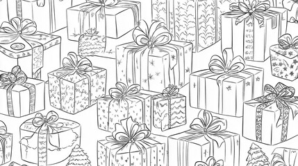 Wall Mural - Christmas coloring page, gift wrap pattern, printable, plain background.