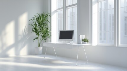 Aufkleber - Bright and modern workspace with large windows, indoor plants, and a minimalist desk during daytime