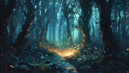 Mystical forest scene with dreamlike lighting and ethereal ambiance, showcasing an enchanting atmosphere through gentle light leaks