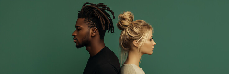 Un homme africain avec des dreadlocks et d'une femme blonde, âgés de 25 ans, debout, dos à dos, sur un fond vert, image avec espace pour texte.