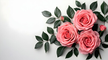 Wall Mural - Set Beautiful Pink Roses With Lush Green Leaves