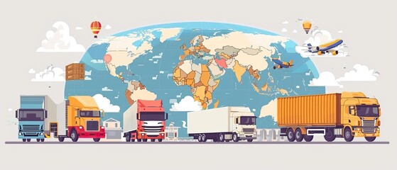 Wall Mural - A large globe is surrounded by a variety of vehicles, including trucks