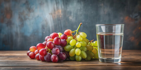 Still life arrangement with grapes and a cup of water, representing a fresh fruit concept, grapes, cup, water, still life