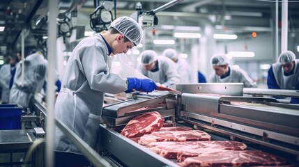 Wall Mural - Production line in the food factory.Factory for the production of food from meat.Industrial equipment at a meat factory.Automated production line in modern food factory.People working..