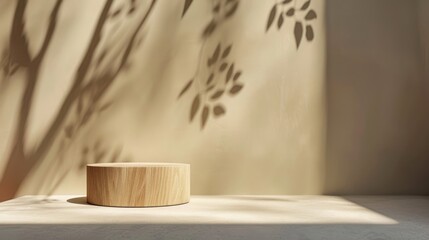 Sticker - Empty wood pedestal with natural shadows on beige wall for organic cosmetic product display