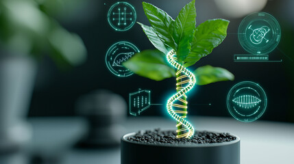 A futuristic plant with glowing DNA helix embedded in its structure symbolizes innovation and growth in biotechnology. This captivating image showcases intersection of nature and technology