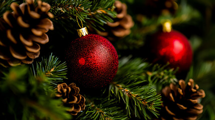 A Christmas tree with red ornaments and a pinecone.