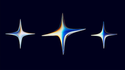 Wall Mural - set of 3d holographic chrome stars in y2k style. abstract 3d stars