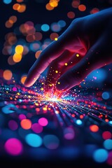 Fototapete - A hand touches a digital surface with colorful bokeh lights, representing advanced technology, innovation, and digital interaction