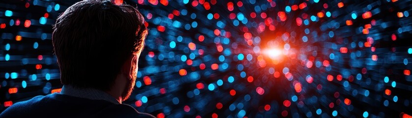 Poster - A person staring at a digital light display with vibrant red and blue lights, creating a futuristic and immersive atmosphere.