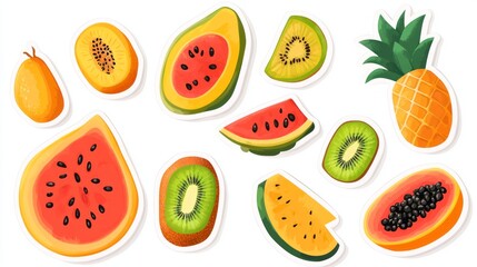 Wall Mural - A high-class design of assorted whole and sliced fruits like watermelon, pineapple, kiwi, and papaya, each with a polished, sticker-style appearance, isolated on a white background