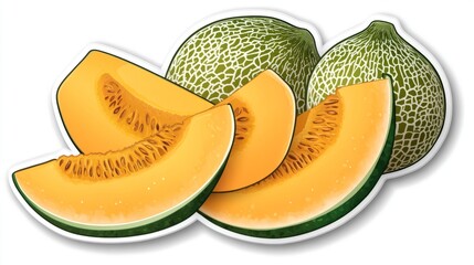 Wall Mural - A high-class sticker-style design of assorted melons, including cantaloupe, honeydew, and watermelon, each with a polished, juicy look and some slices exposed, isolated on a white background