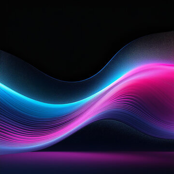 Abstract blue purple pink color wave on black background, grainy noisy banner backdrop design, abstract background
